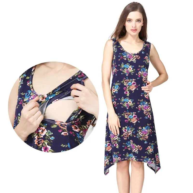 Summer Maternity Breastfeeding Dress Loose Floral Printed Sleeveless