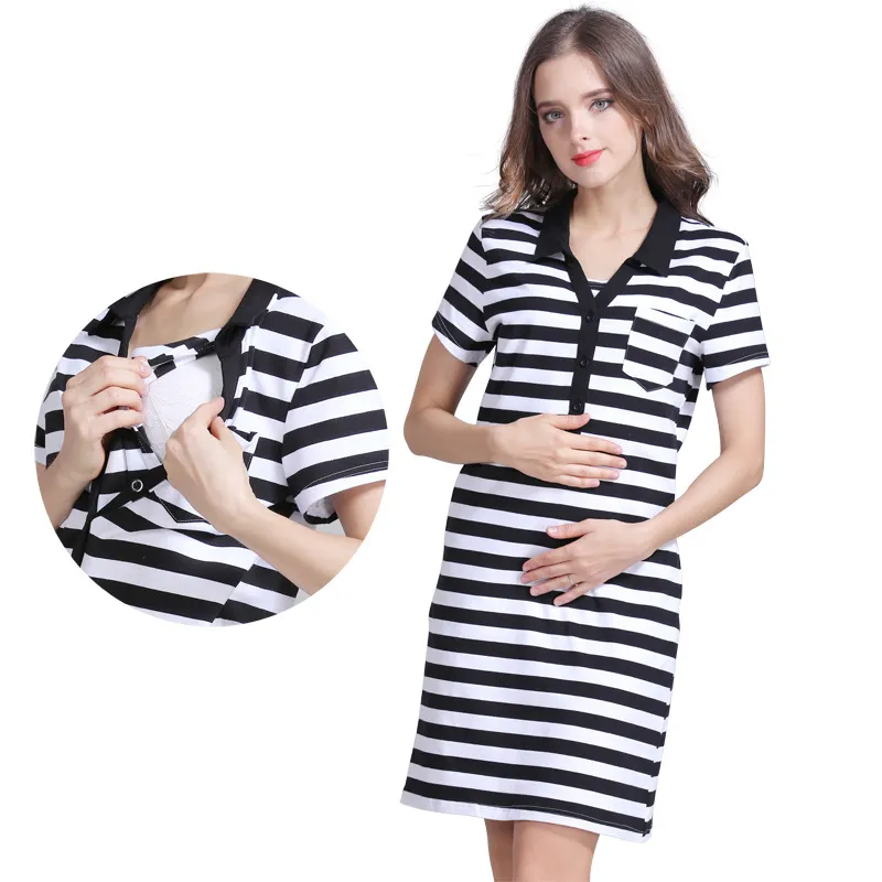 Summer Maternity Nursing Dress with Stripe Print and Short Sleeves