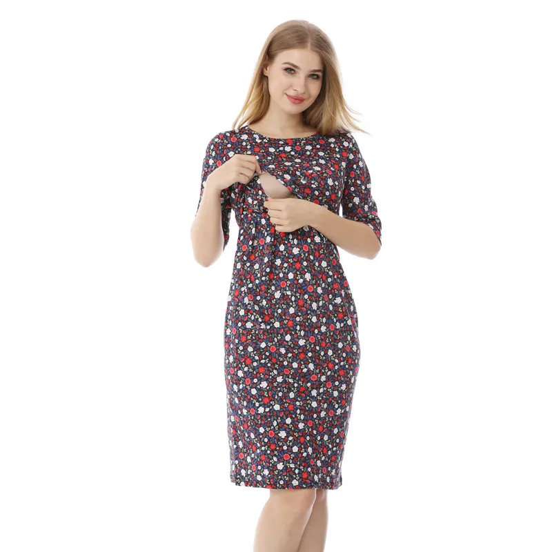 Summer Pregnant Women Casual Tiny Flower Printed Round Neck Short Sleeve Breastfeeding Midi Dress