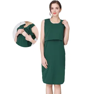 Summer Women Casual Solid Color Round Neck Sleeveless Nursing Maternity Dress