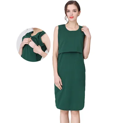 Summer Women Casual Solid Color Round Neck Sleeveless Nursing Maternity Dress