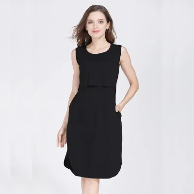 Summer Women Casual Solid Color Round Neck Sleeveless Nursing Maternity Dress