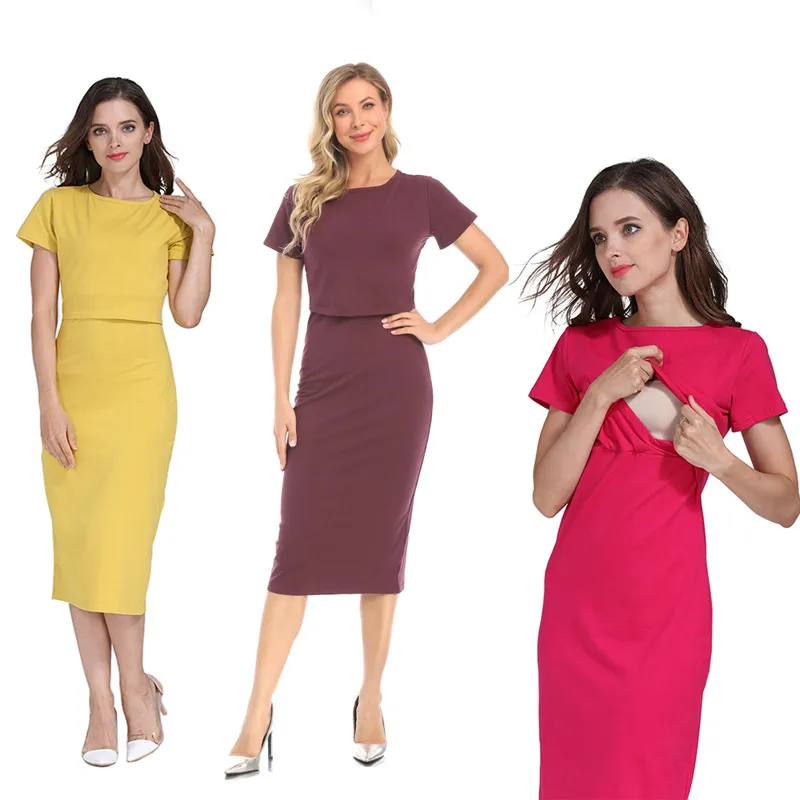 Summer Maternity Nursing Dress Casual Solid Color Elastic Slim Boat Neck Short Sleeve