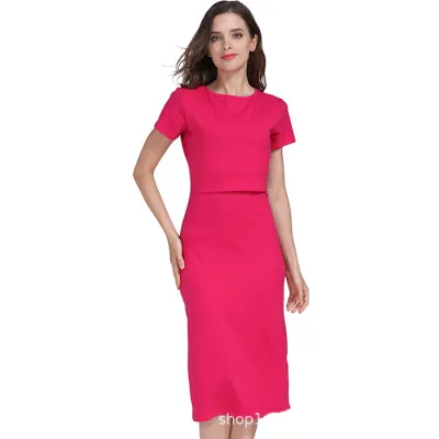 Summer Maternity Nursing Dress Casual Solid Color Elastic Slim Boat Neck Short Sleeve