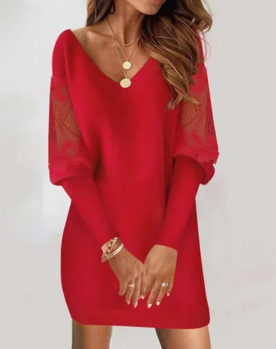 Women Elegant V-Neck Long Sleeve Printed Lace Stitching Dress