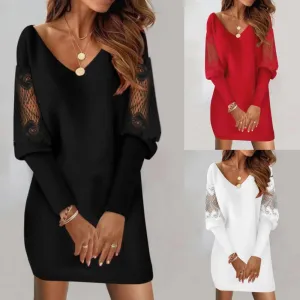 Women Elegant V-Neck Long Sleeve Printed Lace Stitching Dress