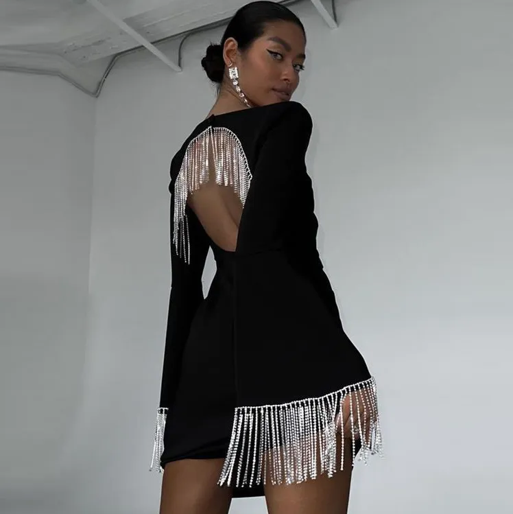 Women Fashion Sexy Square Collar Back Hollow Tassel Diamond Chain Long Sleeve Mini Dress