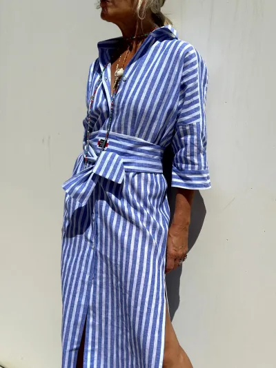 Women Casual Stripe Diamond Print Long Sleeve Shirt Dress