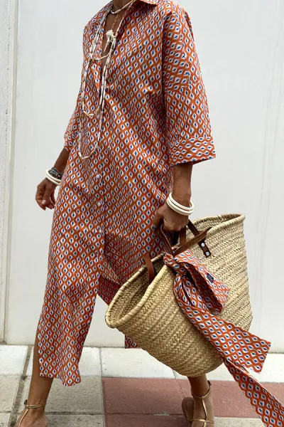 Women Casual Stripe Diamond Print Long Sleeve Shirt Dress