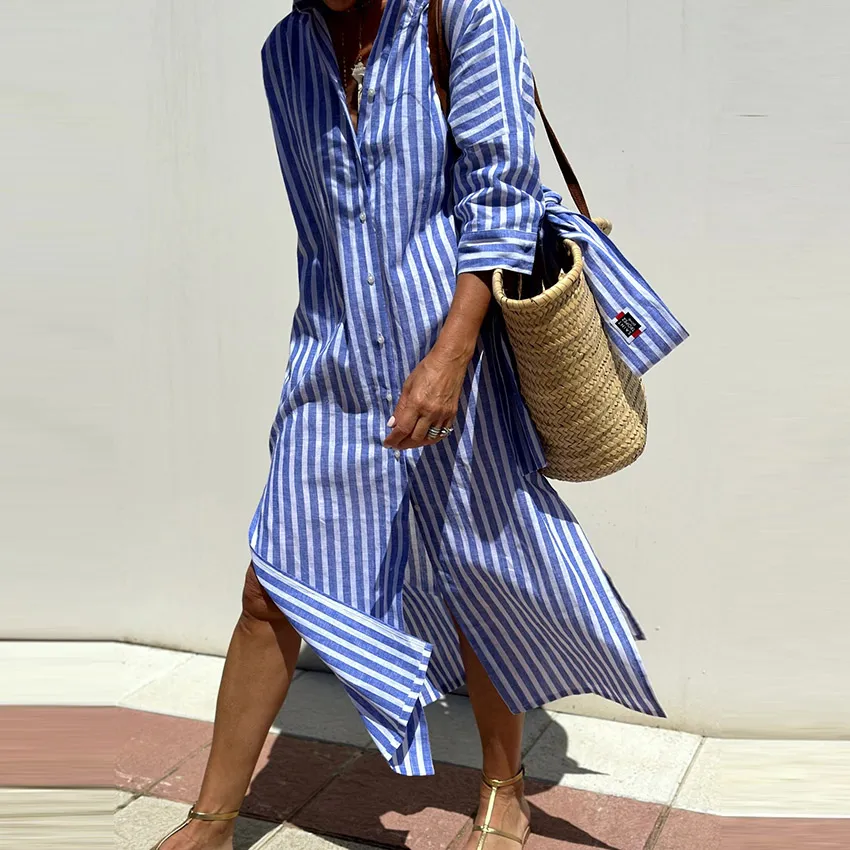 Women Casual Stripe Diamond Print Long Sleeve Shirt Dress