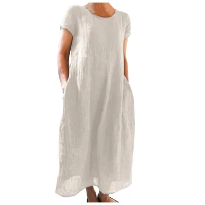 Women Casual Loose Cotton Linen Maxi Dress Solid Color Retro Style