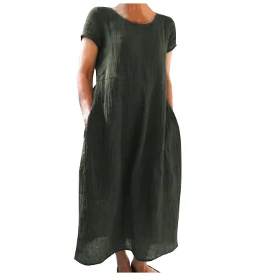 Women Casual Loose Cotton Linen Maxi Dress Solid Color Retro Style