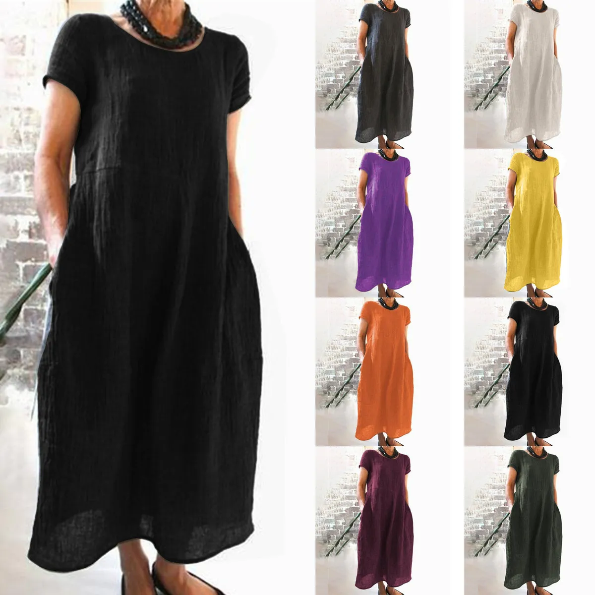 Women Casual Loose Cotton Linen Maxi Dress Solid Color Retro Style