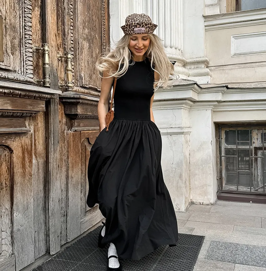 Women Vintage Hepburn Style Sleeveless Loose Maxi Dress