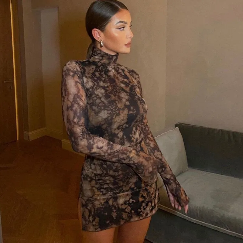 Women Fashion Sexy Printed Half High Collar Long Sleeve Split Mini Dress