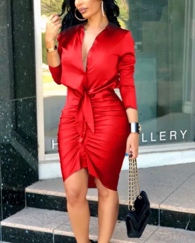 Summer Women V-Neck Lace-Up Plaid Print Shirt Dress