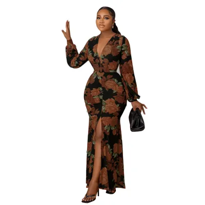 Women Fashion Sexy Deep V Floral Print Long Sleeve Split Maxi Dress