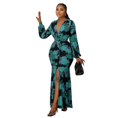Women Fashion Sexy Deep V Floral Print Long Sleeve Split Maxi Dress
