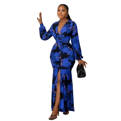 Women Fashion Sexy Deep V Floral Print Long Sleeve Split Maxi Dress