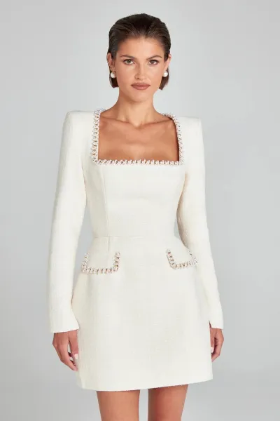 Women Chic Square Collar Long Sleeve Beaded Party Dress