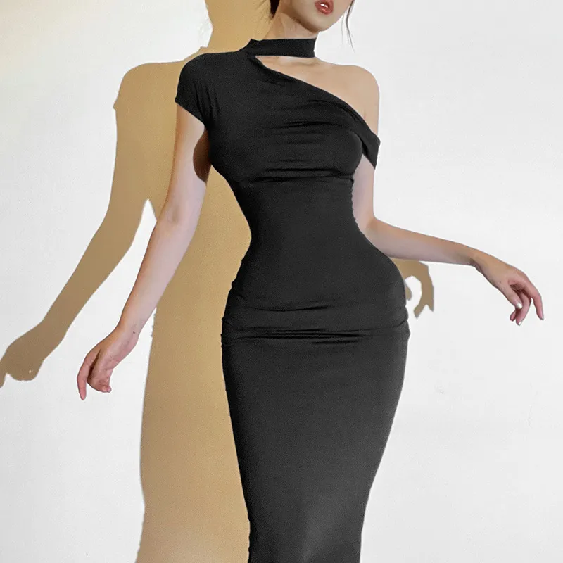 Summer Women Fashion Sexy Slant Collar Shoulder Slim Maxi Dress