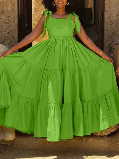Summer Women Fashion Casual Bow Lace Sleeveless Maxi Dress