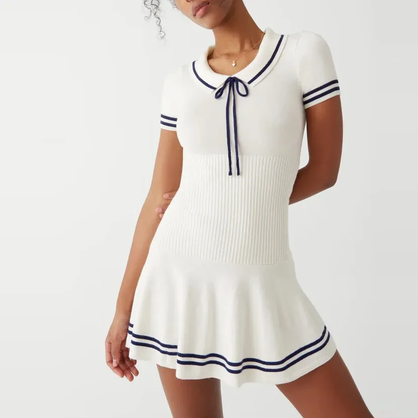 Summer Women Fashion Casual College Style Short Sleeve Stripe Knitted Polo Collar Dress