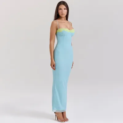 Summer Women Fashion Sexy Lace Sling Tight Maxi Dress