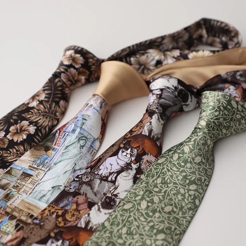 Vintage Style Floral Cat Printed Silk Tie - Trendy Men's Necktie