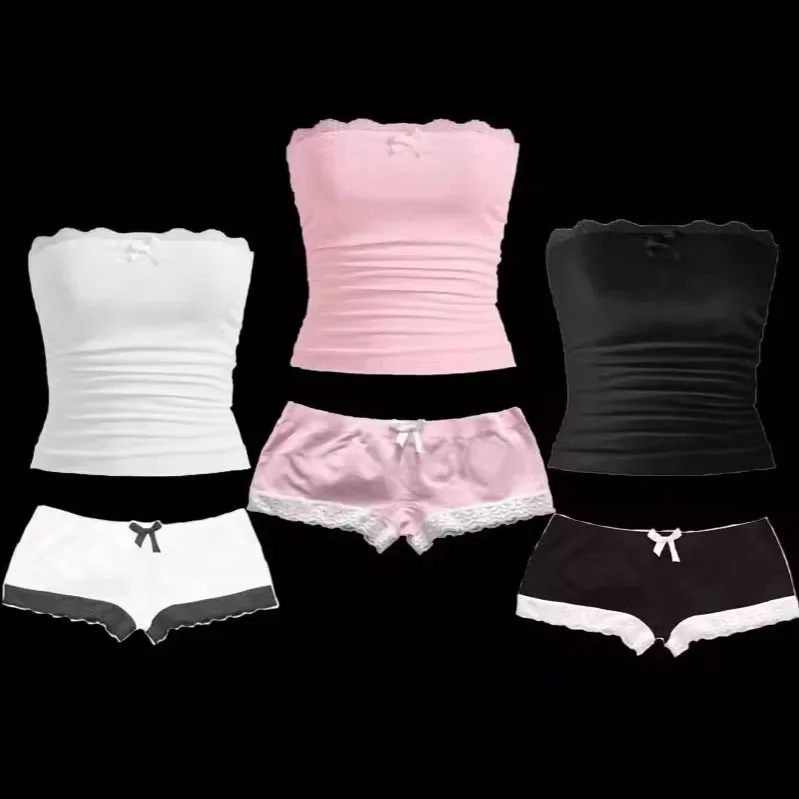 Women Lace Strapless Y2k Summer Tube Top Shorts Set