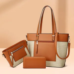 Fashion Contrast Color Stitching Large-Capacity Handbag Three-Piece Set