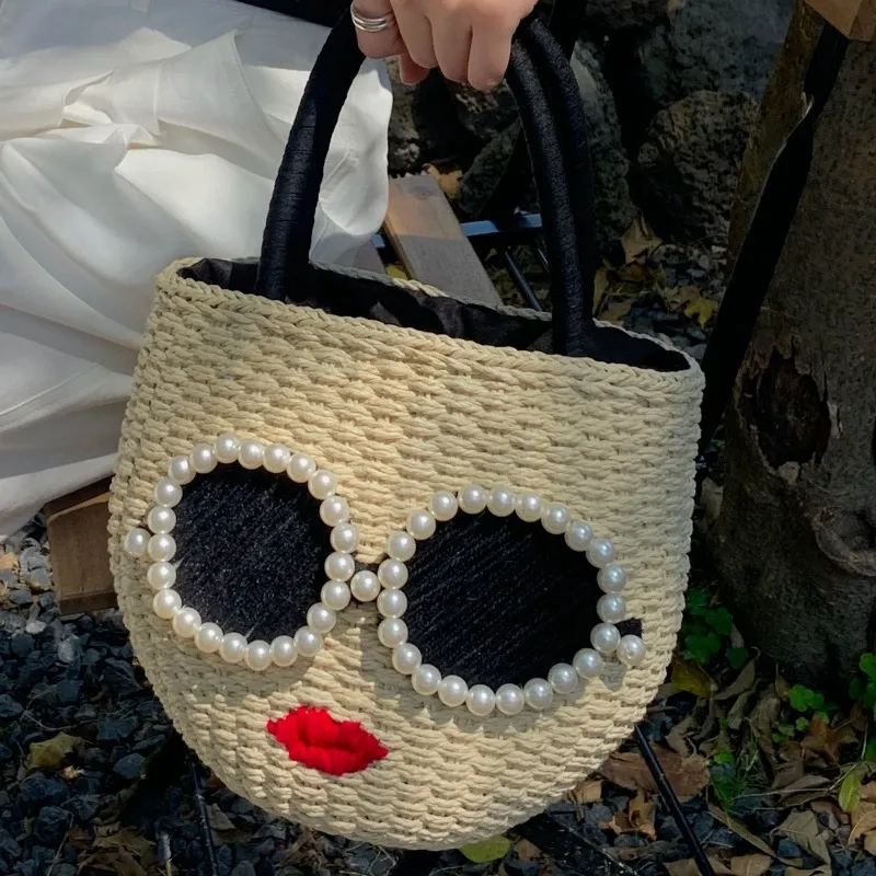 Bohemian Creative Glasses Red Lip Woven Straw Bucket Handbags