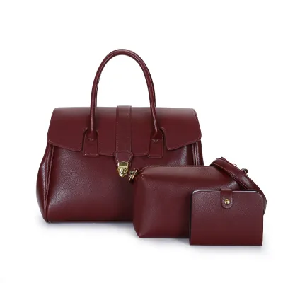 Vintage Solid Color Large Capacity Handbag Three-Piece Set with Shoulder Strap PU
