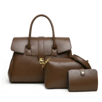 Vintage Solid Color Large Capacity Handbag Three-Piece Set with Shoulder Strap PU