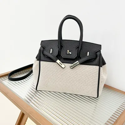 Elegant Large Capacity Canvas Color Contrast Handbags Platinum Bag