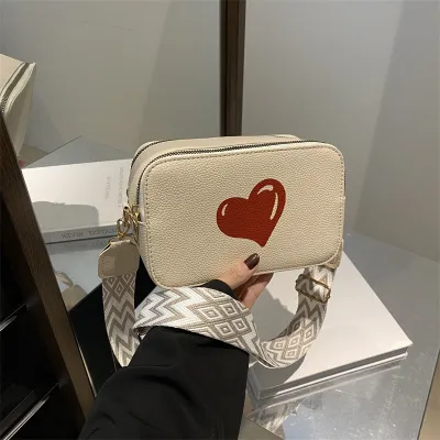 Fashion Heart Print Wide Strap Crossbody PU Small Square Bag