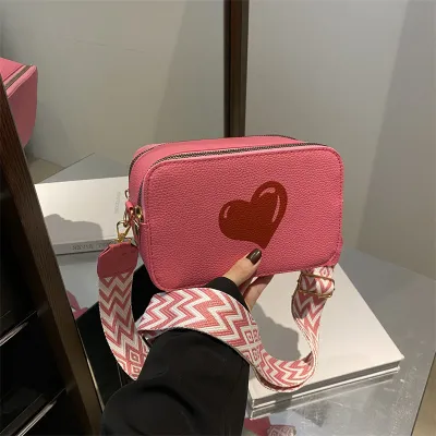 Fashion Heart Print Wide Strap Crossbody PU Small Square Bag