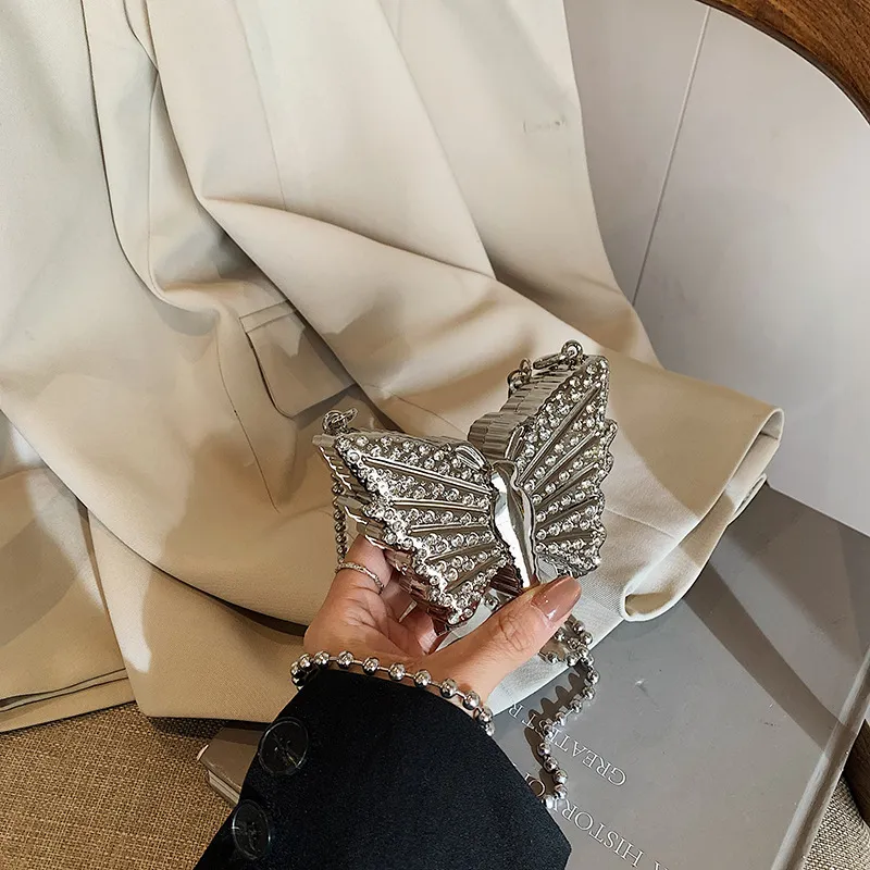 Fashion Rhinestone Butterfly Mini Metal Crossbody Bag with Magnetic Buckle