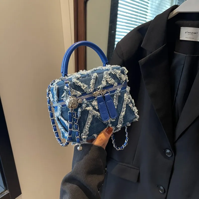 Fashion Denim Stitching Square Crossbody Bag with Zipper Closure