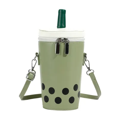 Women Simple Creative Milk Tea Style Zipper PU Crossbody Bag Small