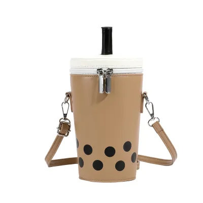Women Simple Creative Milk Tea Style Zipper PU Crossbody Bag Small