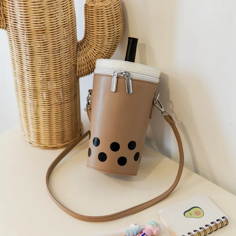 Women Simple Creative Milk Tea Style Zipper PU Crossbody Bag Small