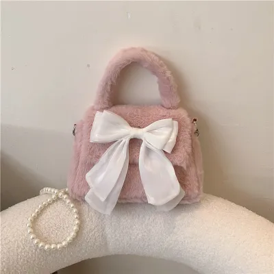 Women Simple Plush Bow Pearl Chain Crossbody Bag