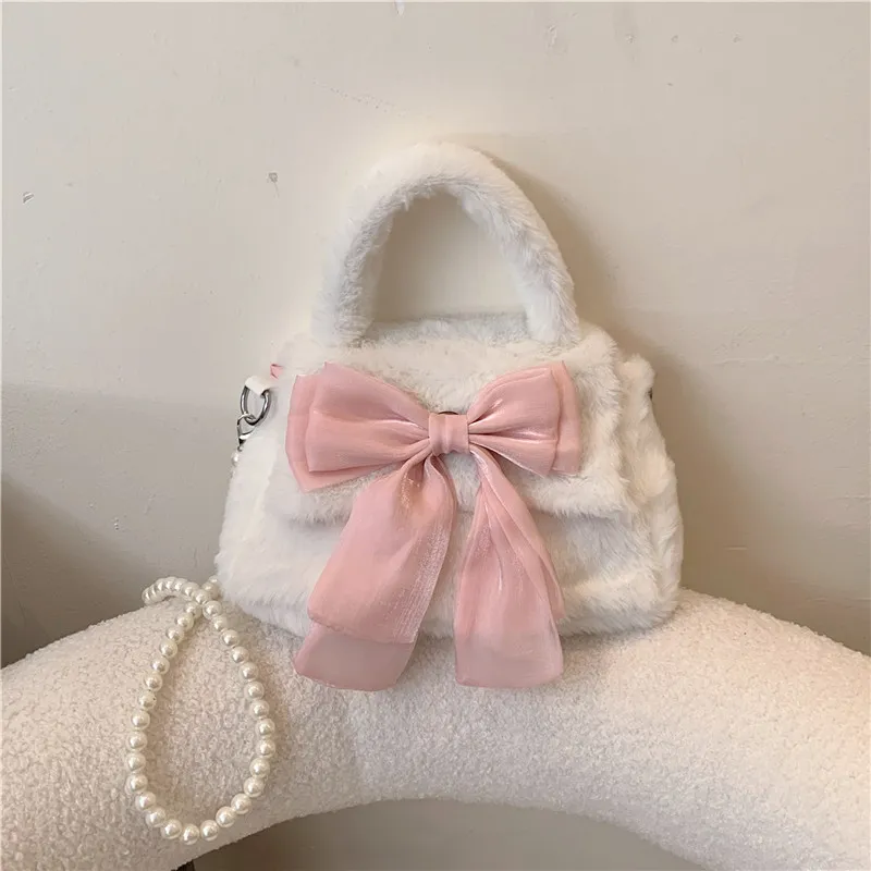 Women Simple Plush Bow Pearl Chain Crossbody Bag