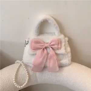 Women Simple Plush Bow Pearl Chain Crossbody Bag