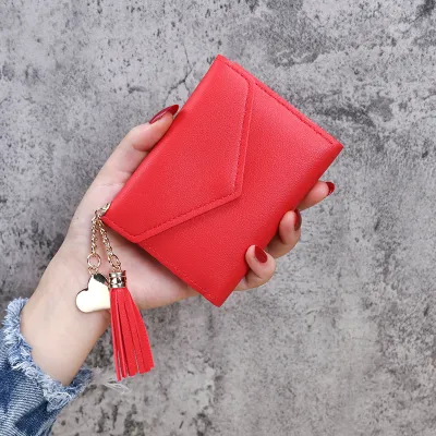 Simple Solid Color 3 Fold Tassel PU Leather Wallet