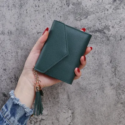 Simple Solid Color 3 Fold Tassel PU Leather Wallet