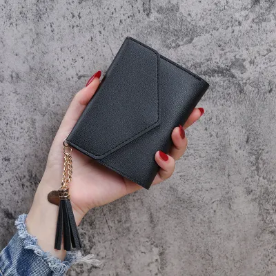 Simple Solid Color 3 Fold Tassel PU Leather Wallet
