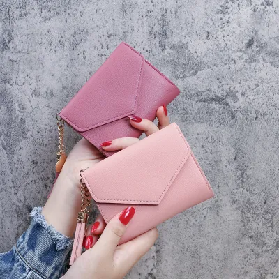 Simple Solid Color 3 Fold Tassel Wallet