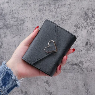 Simple Solid Color Metal Heart-Shaped 3-Folding PU Leather Wallet